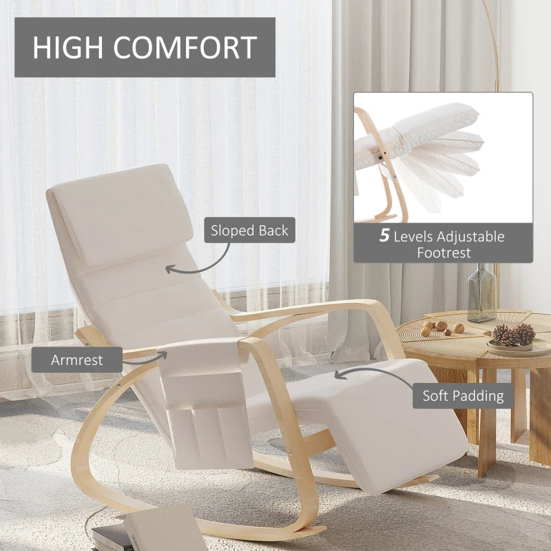 Cream White Rocking Lounge Chair Recliner with Adjustable Footrest, Side Pocket and Pillow for Ultimate Relaxation