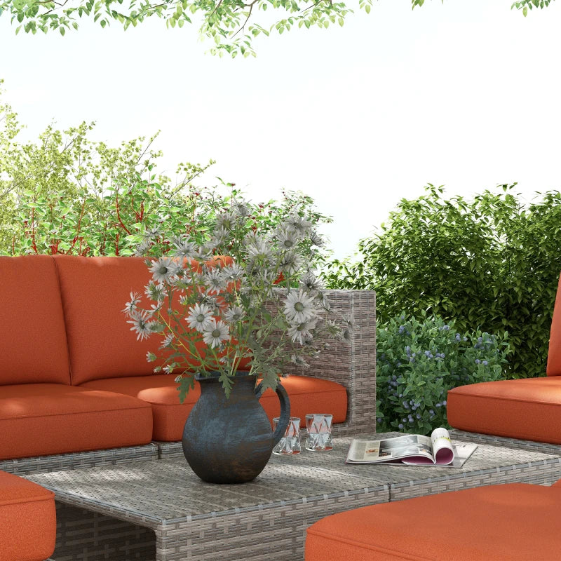 8-Piece Rattan Garden Furniture Set with Orange and Grey Cushions