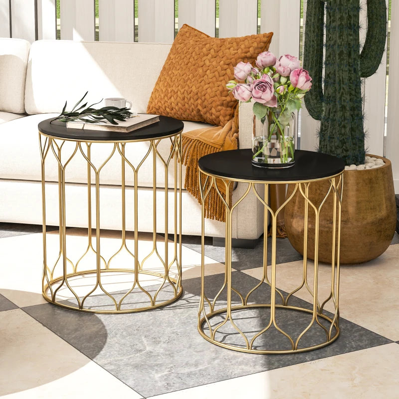 Set of 2 Black Ceramic Tile Top Nesting Tables - Multifunctional Indoor Outdoor Small Garden Side Tables with Metal Frame for Patio, Balcony, Porch