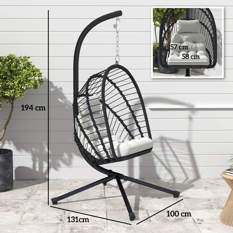 Black Outdoor PE Rattan Swing Chair with Cushion - Foldable Garden Hanging Egg Chair with Metal Stand and Headrest for Indoor and Outdoor Use