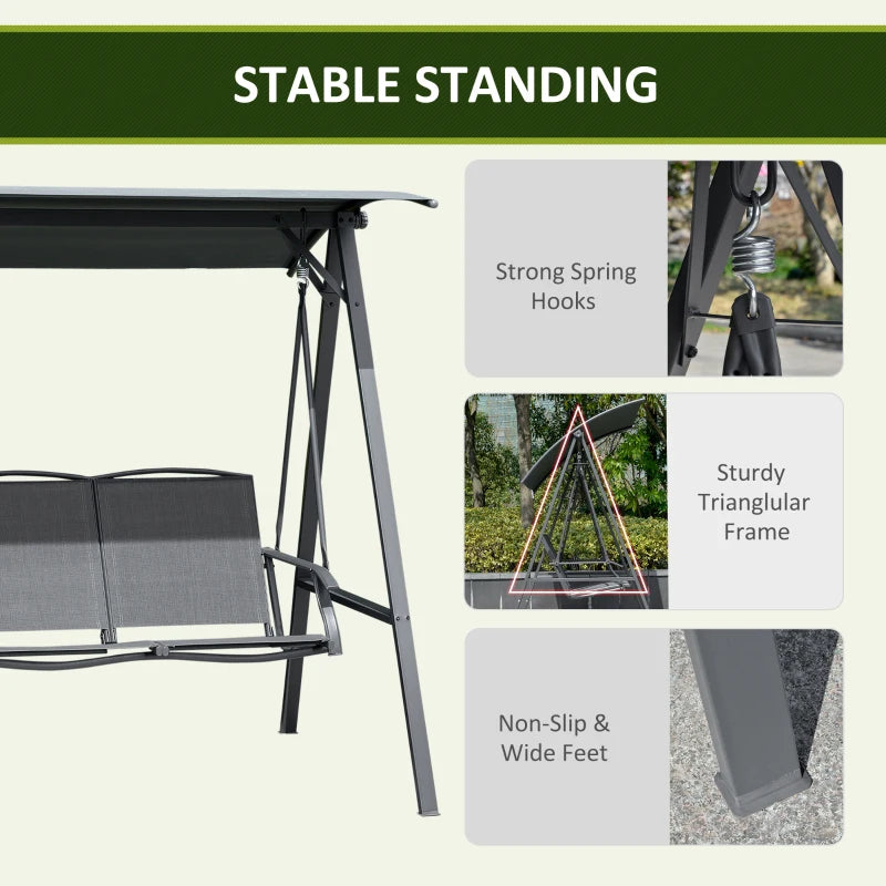 2 Seater Dark Grey Garden Swing Bench - Outdoor Canopy Swing Bench with Adjustable Shade, Metal Frame and Texteline Seat