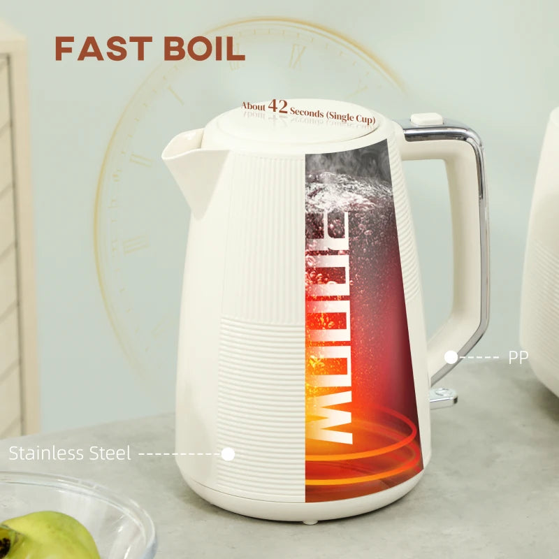 Cream White Kettle and Toaster Set - 1.7L Fast Boil Kettle & 2 Slice Toaster with 7 Browning Levels, Defrost & Reheat