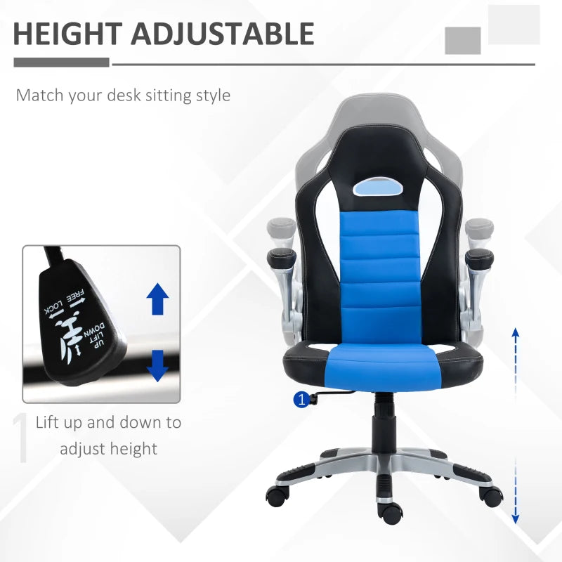 Ergonomic Blue Gaming Chair - PU Leather Office Desk Swivel Chair with Adjustable Height, 90° Flip-up Armrests & Rolling Wheels