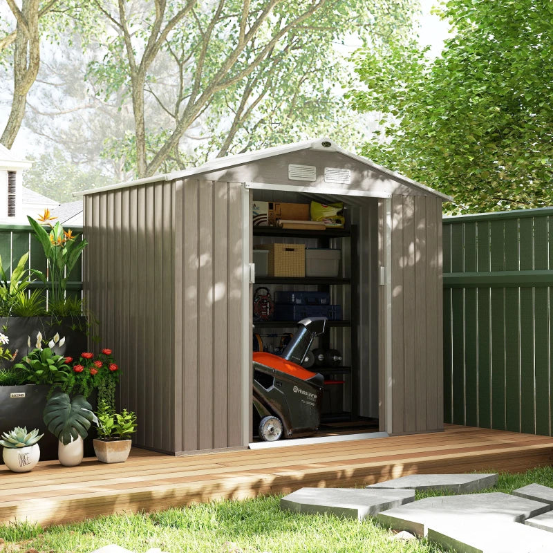 7ft x 4ft Light Brown Metal Storage Shed With Lockable Double Doors & Floor Foundation Kit