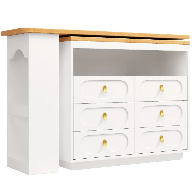 360° Rotating Bar Table with Side Table & Spice Rack - Extendable Kitchen Island with 6 Drawers, White, 137x39x90 cm