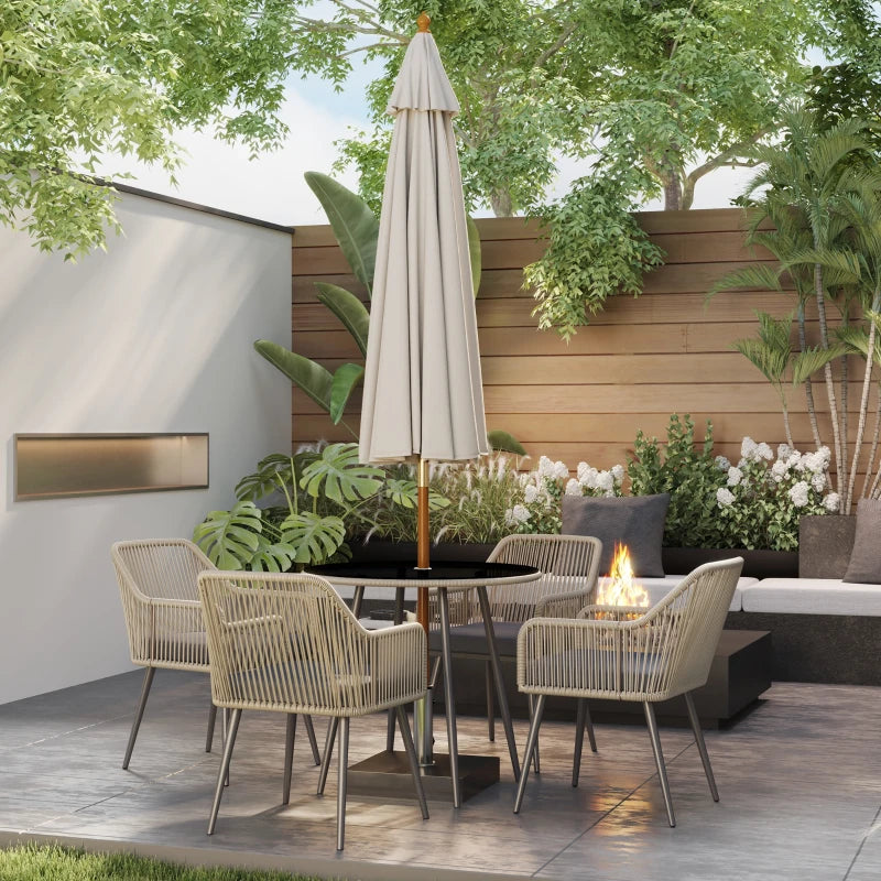 4 Seater Light Brown Rattan Dining Set with Cushions - Outdoor Round Glass Top Table and Chairs for Patio and Balcony