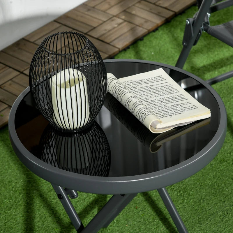 45cm Round Folding Garden Side Table - Outdoor Patio Coffee Table with Imitation Marble Glass Top - Black