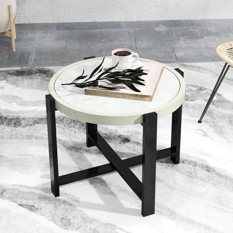 60cm Round Small Garden Table - Outdoor Side Table with Faux Marble Top, Light Grey Aluminium Frame