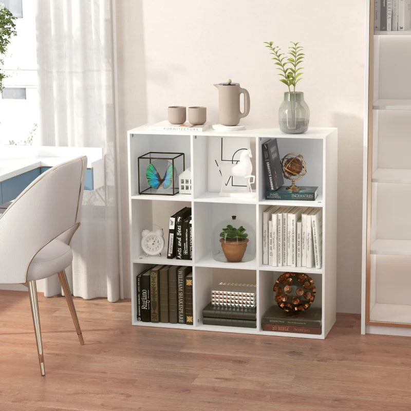 3-Tier 9-Cube Storage Unit - White Particle Board Bookcase Organizer for Home Office Shelves