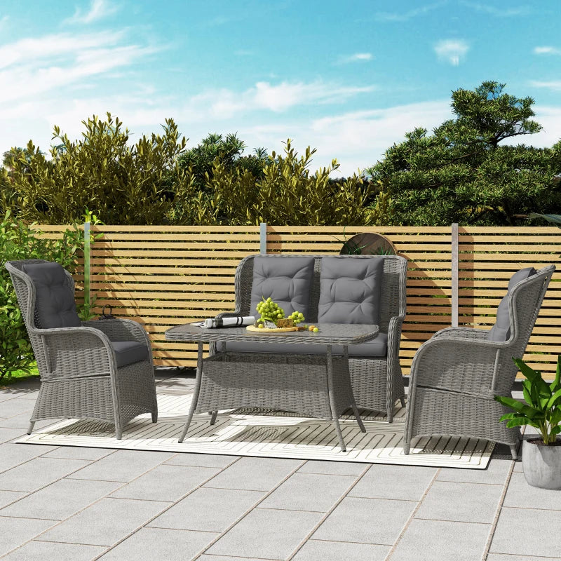4 Seater Light Grey PE Rattan Outdoor Dining Sofa Set with High Back Chairs and Cushions, Tempered Glass Coffee Table for Patio