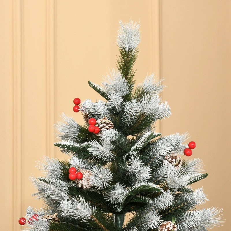6FT Snow Dipped Christmas Pencil Tree with Red Berries & Pinecones - Foldable Holiday Decoration for Home Parties