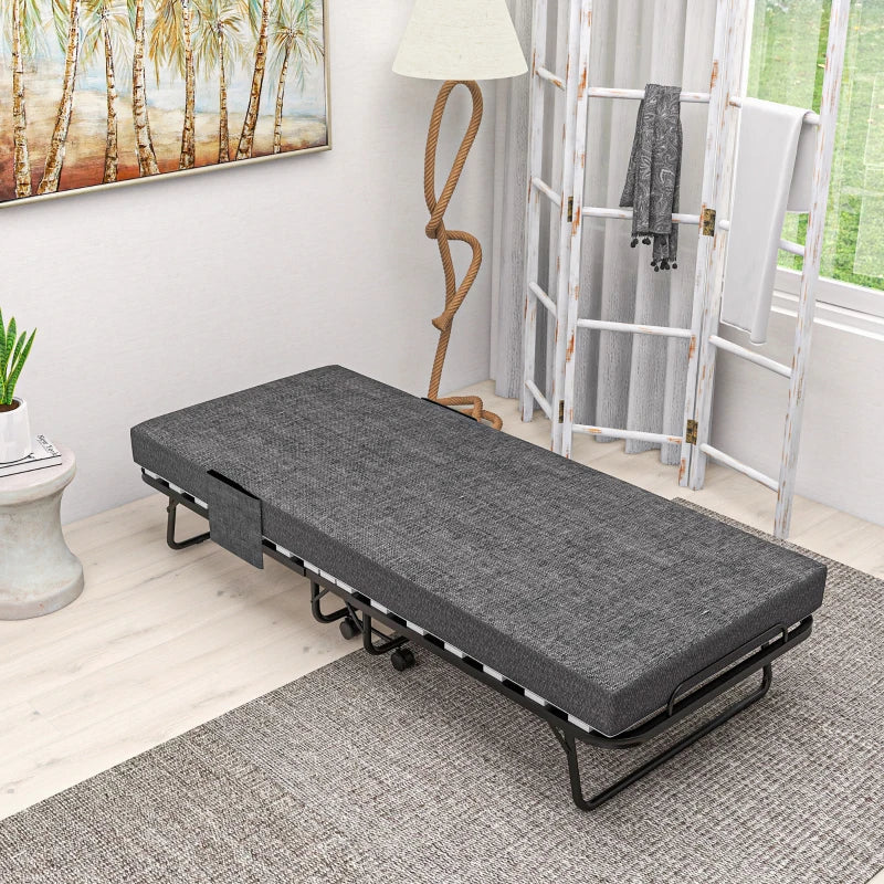 Portable Folding Bed with Wheels Steel Frame for Easy Storage and Travel Black Grey