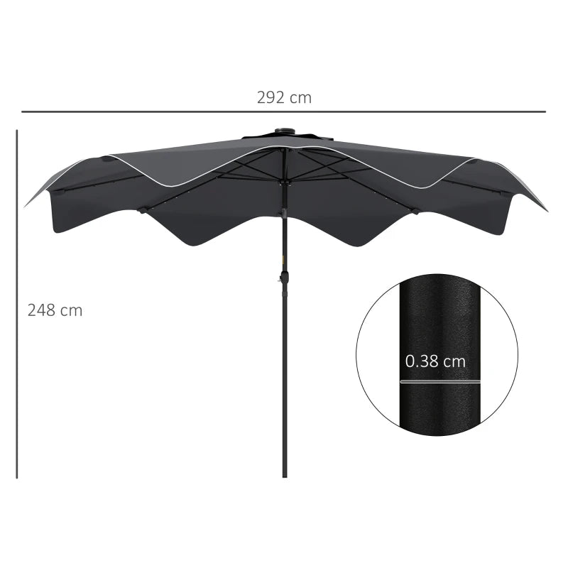 Dark Grey Solar LED Patio Umbrella, 3x3m, Tilt & Crank, Outdoor Market Parasol
