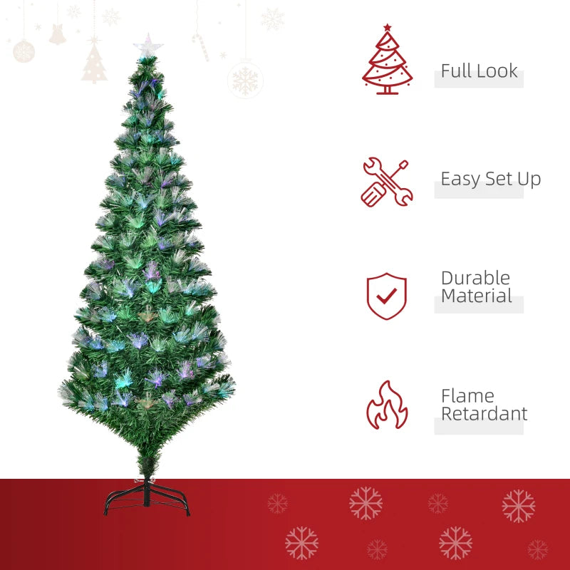 6FT Multicoloured Pre-Lit Artificial Christmas Tree with Fibre Optic Lights, Metal Stand & Star Holder - Festive Home Decoration