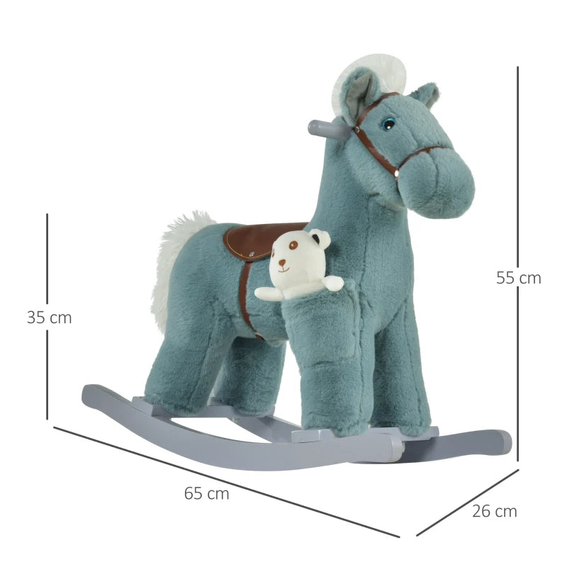 Kids Plush Ride-On Rocking Horse Toy with Realistic Sounds - Soft Blue Rocker for Toddlers 18-36 Months