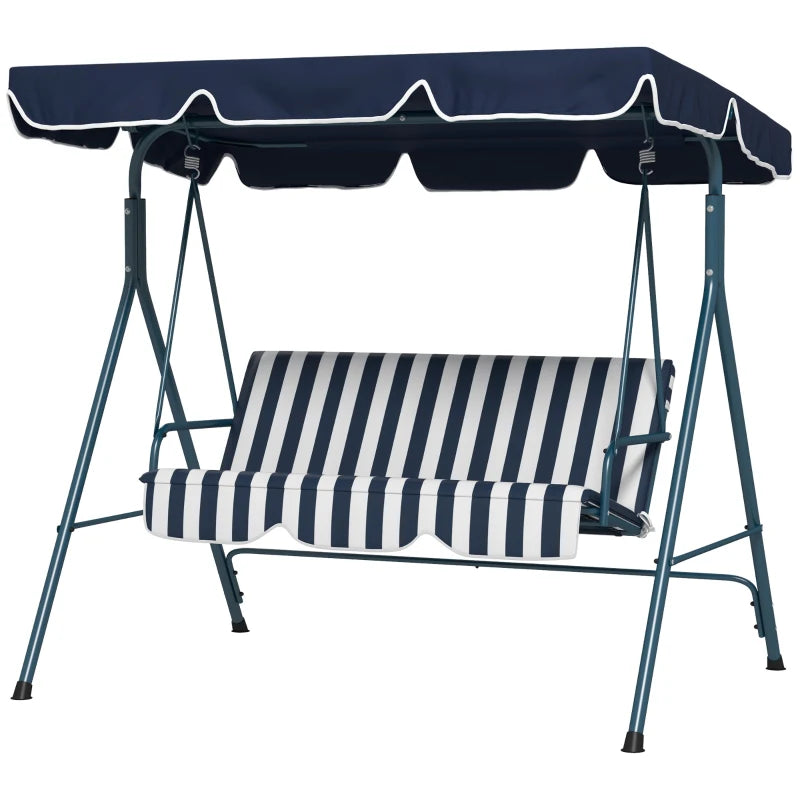 Blue Striped 3-Seater Garden Swing Chair with Adjustable Canopy