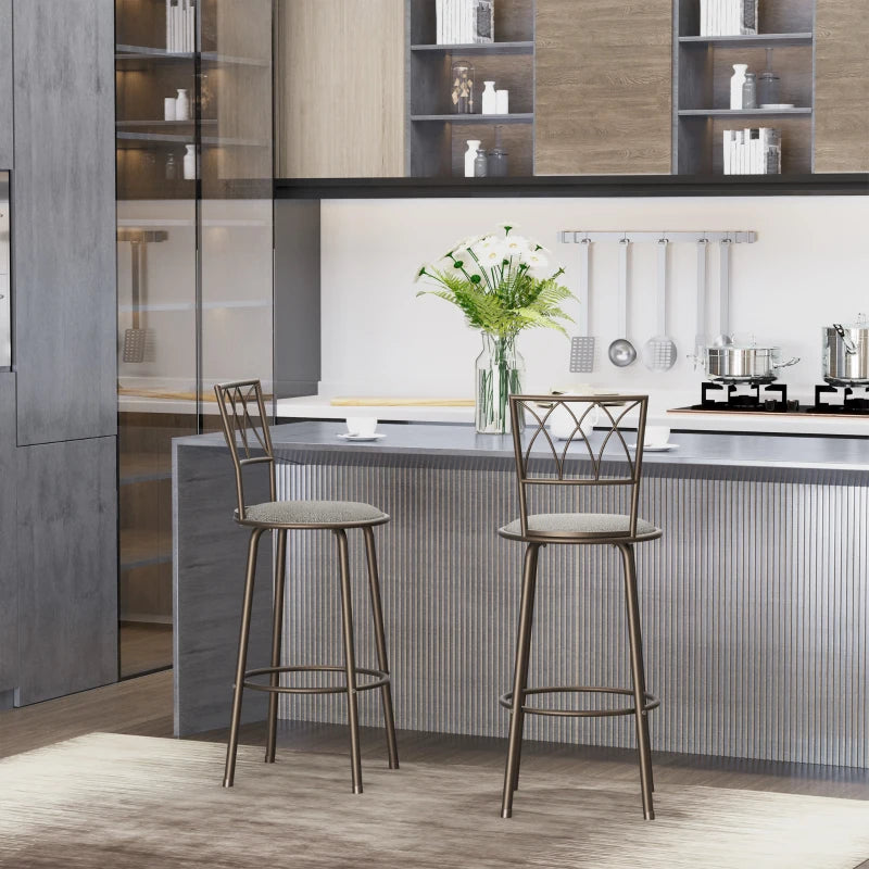 Set of 2 Swivel Bar Chairs - Armless Upholstered Metal Frame Barstools with Backrest & Footrest in Bronze