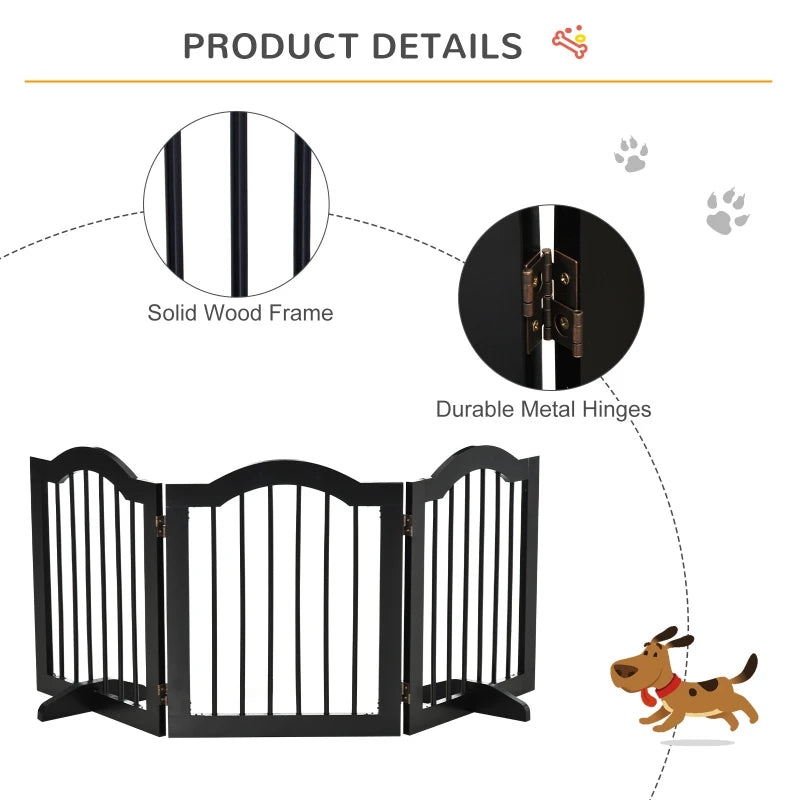 Freestanding Wooden Pet Gate - Foldable Dog Safety Barrier with Support Feet for Doorways & Stairs - Black