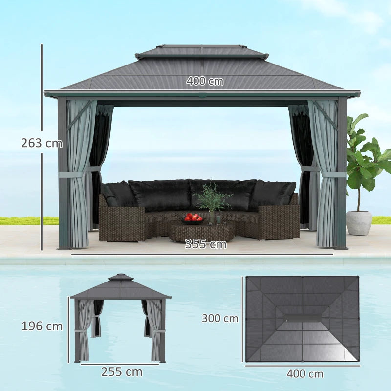 3m x4m Hardtop Gazebo Canopy - UPF30+ Protection, Permanent Pavilion with Mosquito Netting and Curtains