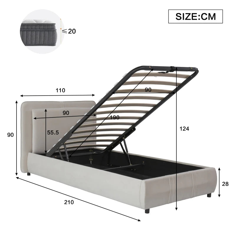 Upholstered Hydraulic Storage Bed with Removable Velvet Headboard - Beige, 210x110x90 cm, Stylish & Functional Bedroom Furniture
