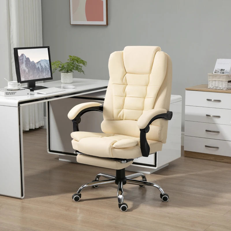 Executive Office Chair - Cream White Home Office Chair with Swivel Wheels, Reclining Backrest & Retractable Footrest