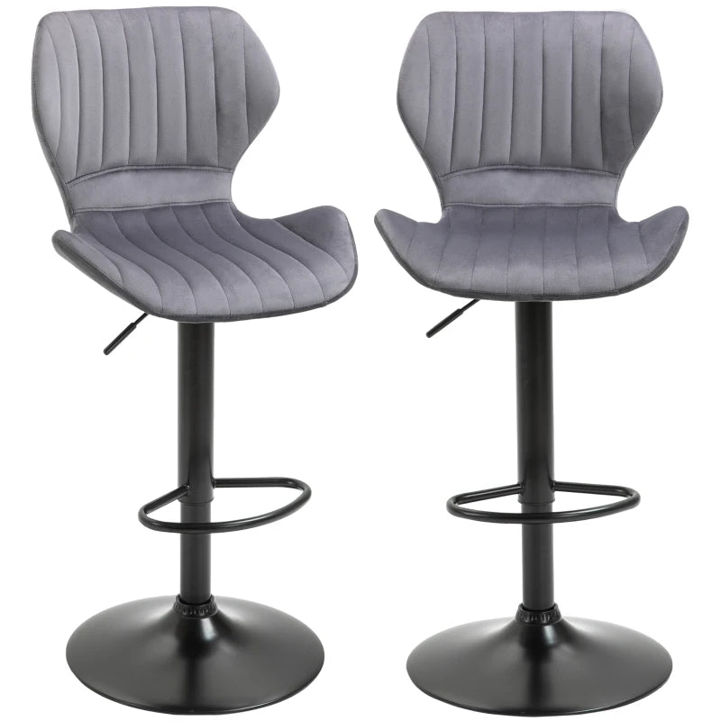 Stylish Grey Velvet Bar Stool Set of 2 - Adjustable Height Swivel Counter Chairs with Footrest for Modern Home Decor