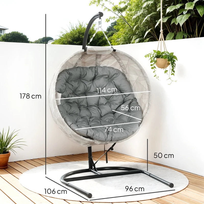 Hanging Egg Chair - Grey Outdoor Indoor Garden Swing Chair with Folding Basket, Stand, Thickened Cushion & Cup Holder - Perfect for Patio & Balcony