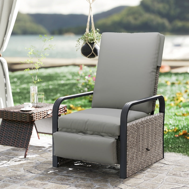 140° Reclining Rattan Armchair in Mixed Grey - Outdoor Patio Furniture for Comfort