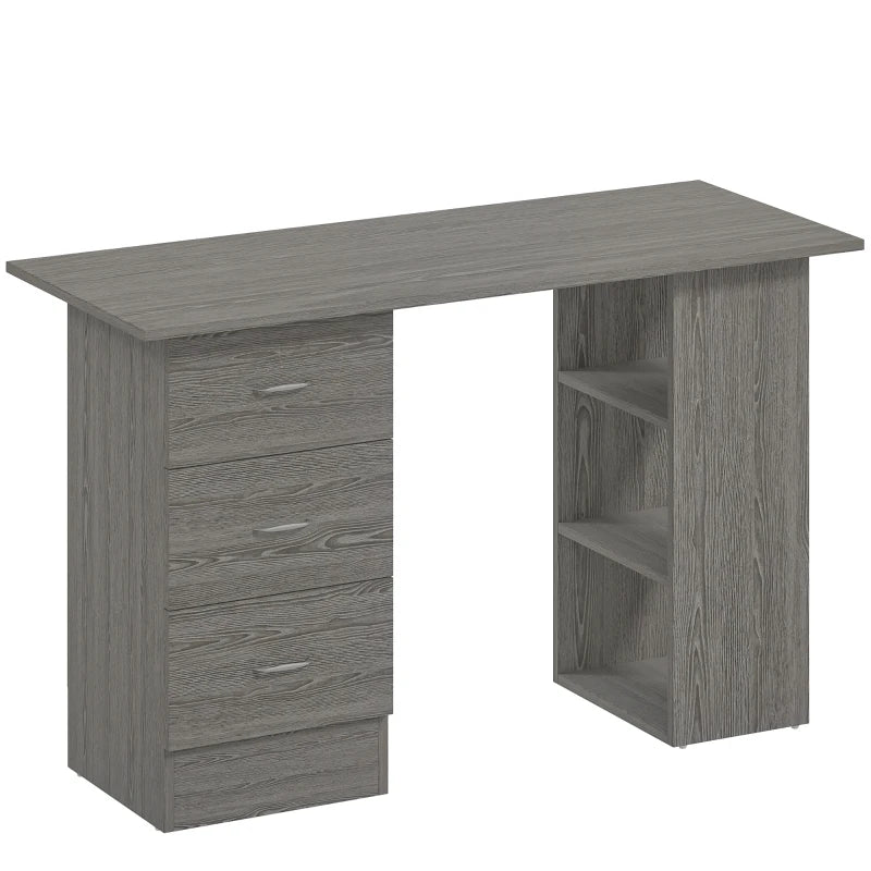 Modern Grey Computer Desk with 3 Storage Shelves & Drawers, Stylish Writing Table for Home Office, Silver Handle Workstation