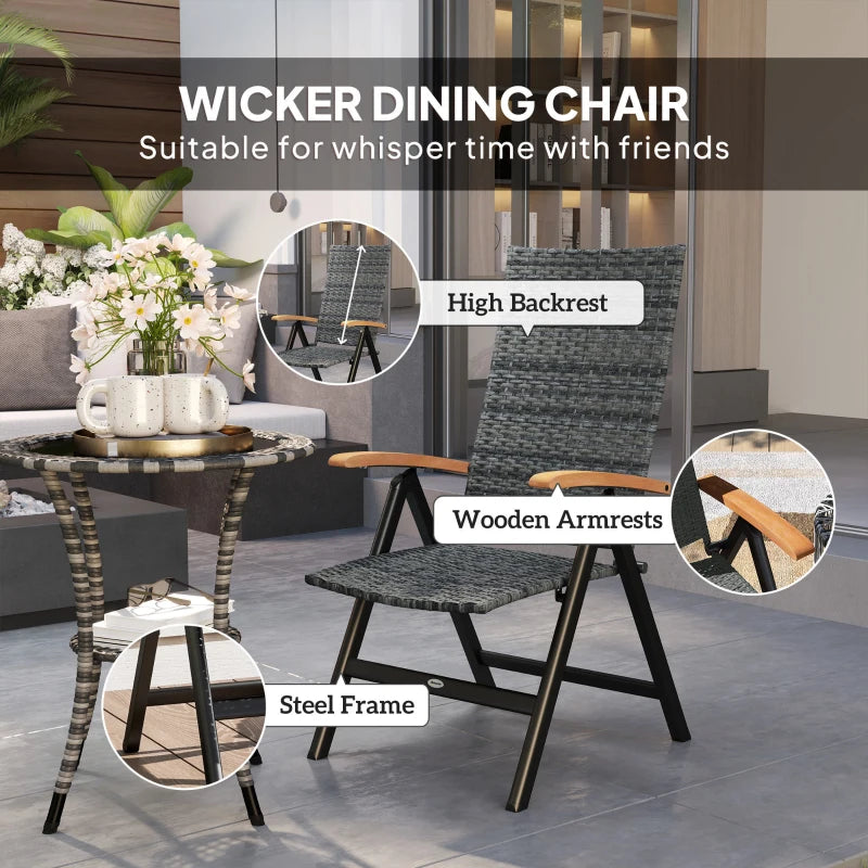Folding Rattan Garden Dining Chair - 5-Level Reclining High Back, Wood Armrests, Outdoor Patio Furniture - Mixed Grey