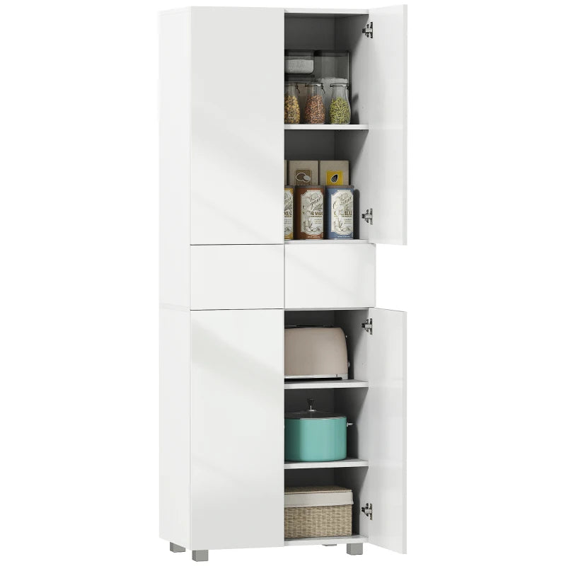 Tall Freestanding 4-Door Kitchen Cupboard with Adjustable Shelves and Drawers for Living Room and Dining Room High Gloss White