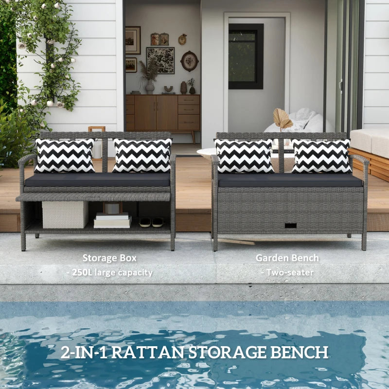 160L Grey Rattan Storage Bench - Two-Seater Outdoor Furniture