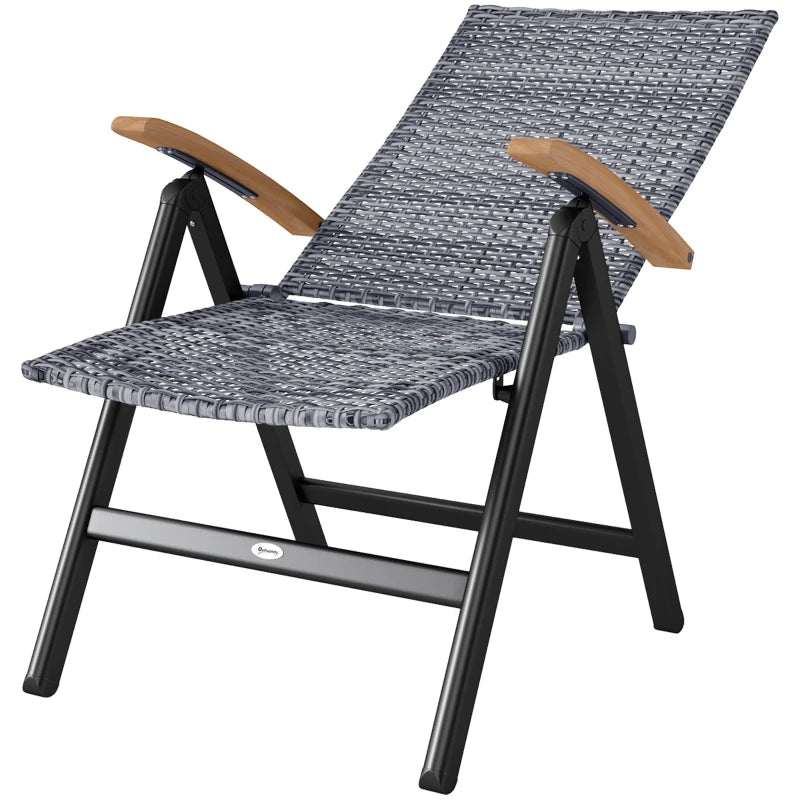Folding Rattan Garden Dining Chair - 5-Level Reclining High Back, Wood Armrests, Outdoor Patio Furniture - Light Grey