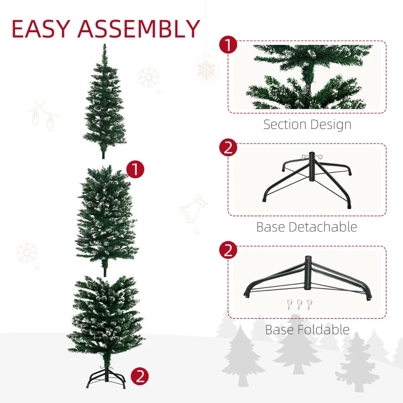 6FT Snow Dipped Christmas Pencil Tree - Foldable Black Stand, Green Holiday Indoor Decoration for Festive Home Decor