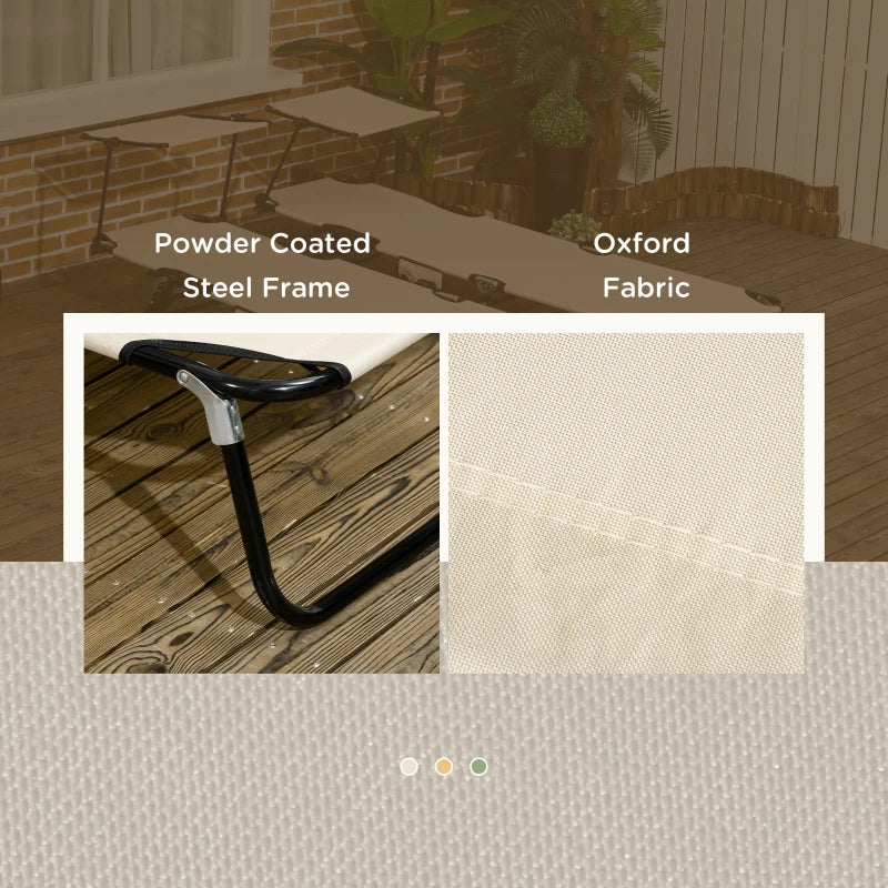 2 Piece Tan Brown Folding Sun Loungers with Canopy - Adjustable Recliner Garden Chairs with Side Pocket, Steel Frame and Breathable Mesh for Outdoor, Pool, Beach, Garden