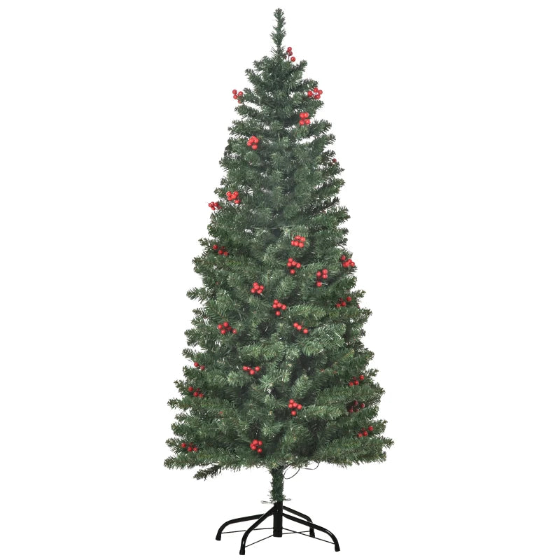 5FT Prelit Artificial Pencil Christmas Tree with Warm White LED Lights & Red Berries - Festive Holiday Home Decoration