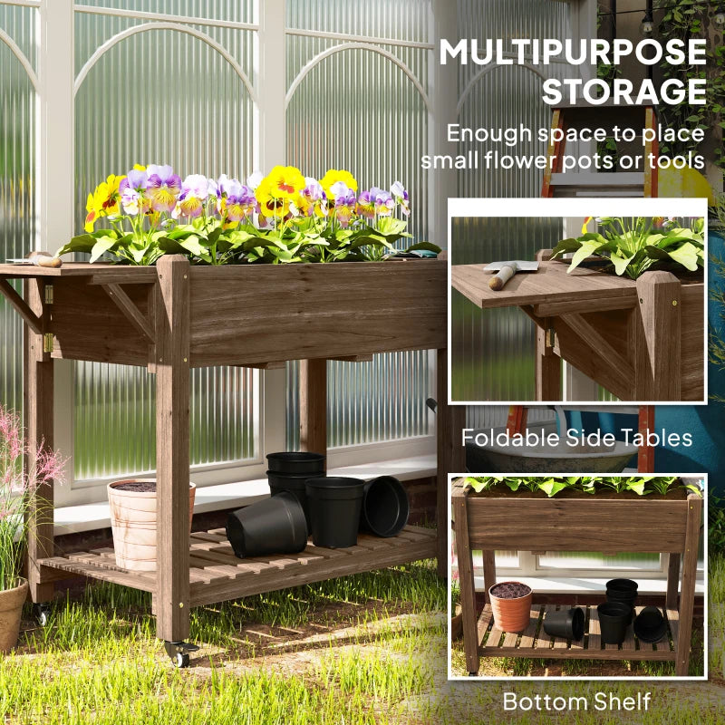 Wooden Elevated Planter Box with Lockable Wheels, Side Tables, and Bottom Shelf - Carbonised 120cm Garden Bed for Vegetables, Flowers, and Fruits