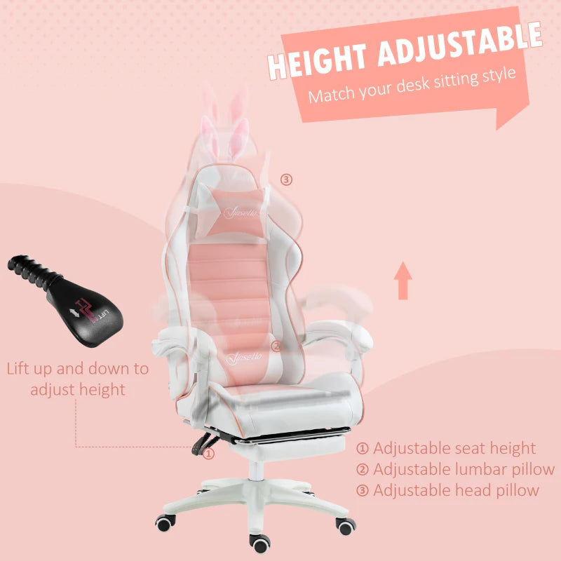 Vinsetto Pink Racing Gaming Chair - Reclining PU Leather, Removable Rabbit Ears, Footrest, Headrest & Lumbar Support