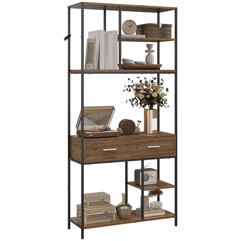 Industrial Seven-Shelf Display Shelf with Drawers - Stylish Brown and Black Storage Solution for Home or Office