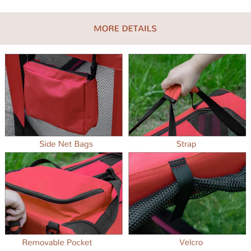 Foldable Pet Carrier for Small Dogs & Cats - Portable Soft-Sided Travel Crate with Removable Mat & Mesh Window - Red 60x42x42cm