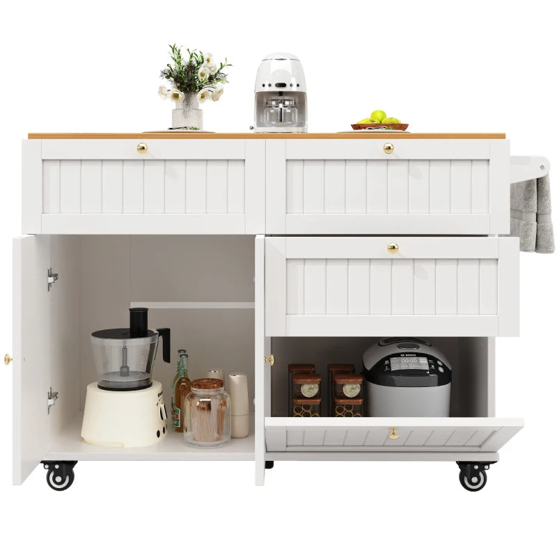 Rolling Mobile Kitchen Island Cart with Drawer & Storage, Drop Leaf, Multi-Functional Design, 133L x 70W x 88H cm, White