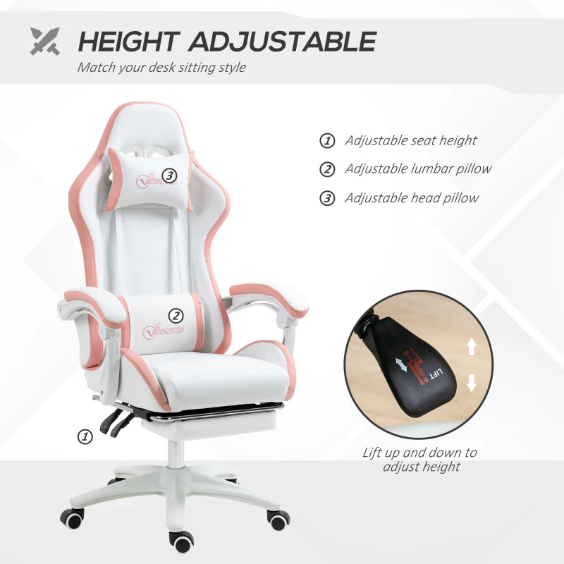 Vinsetto White & Pink Gaming Chair with Footrest, 135° Recline, Lumbar Support, Swivel Wheels - PU Leather Office Desk Chair