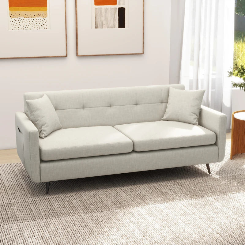 Modern 165cm 3-Seater Sofa for Living Room, Tufted Fabric Couch with Steel Legs and Storage Pockets, Beige