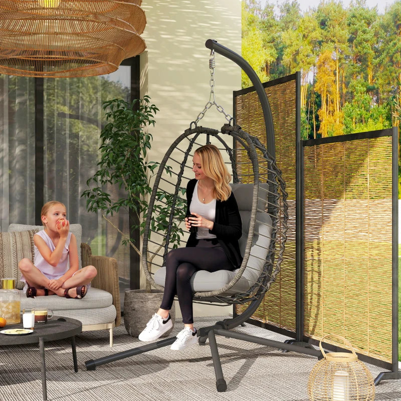 Light Grey Rattan Hanging Egg Chair with Cushion, Adjustable Height, Steel Frame for Indoor Outdoor