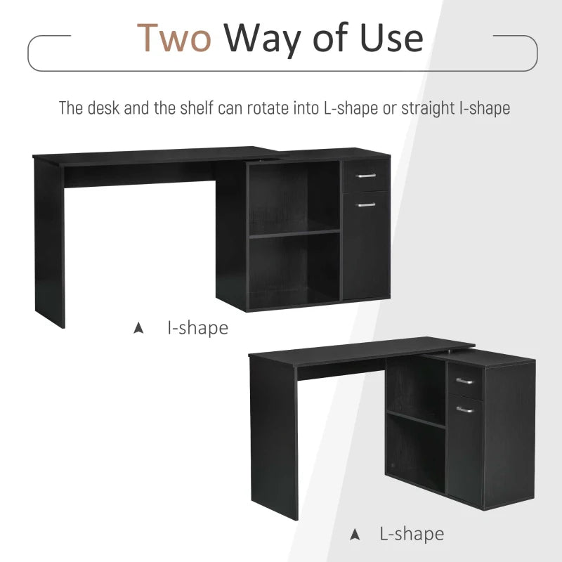 L-Shaped Corner Computer Desk with Storage Shelf & Drawer - Adjustable Black Wood Grain Workstation for Home Office
