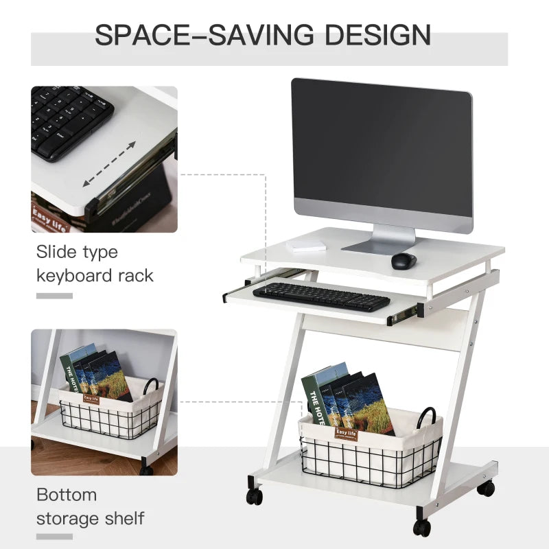 Movable White Computer Desk with 4 Wheels & Sliding Keyboard Tray - Ideal Home Office Workstation