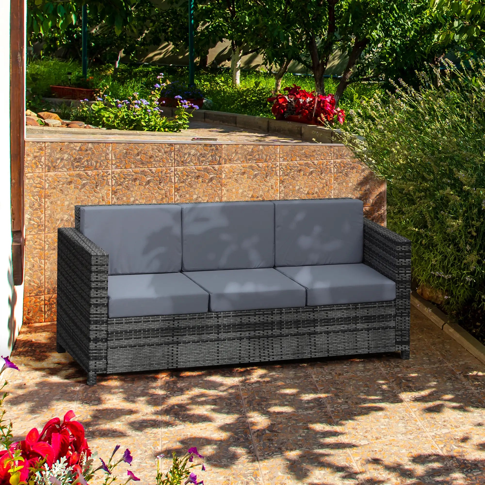 Grey 3-Seater Weather Resistant Rattan Sofa
