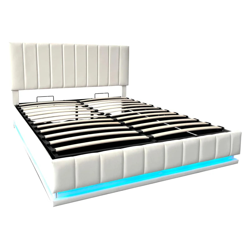 5ft Upholstered King Bed with Hydraulic Storage & RGB LED Lighting - Adjustable Headboard, Cream White, 203L x 157W x 111H cm