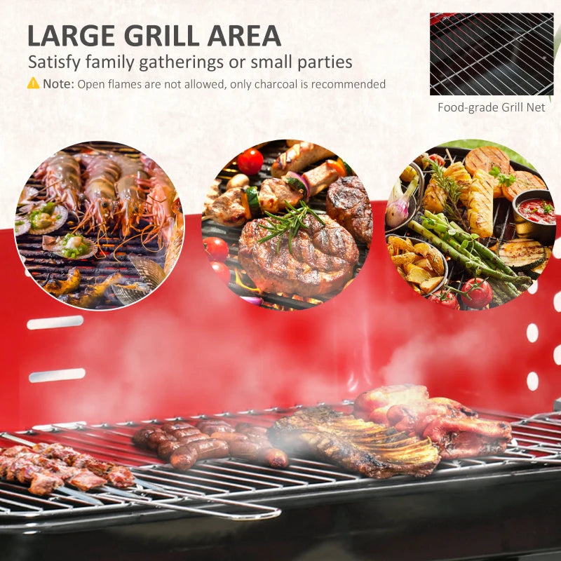 Portable Charcoal BBQ Grill with Windshield and Side Trays, Black/Red