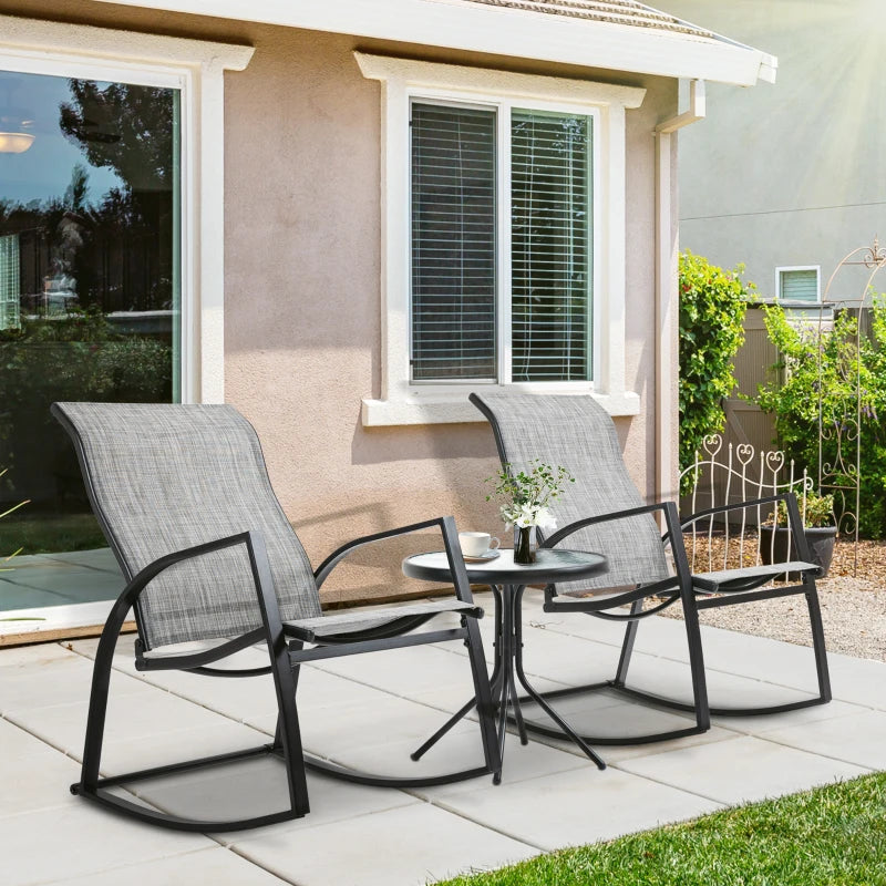 Grey Rocking Chair Bistro Set with Glass Table for Outdoor Spaces